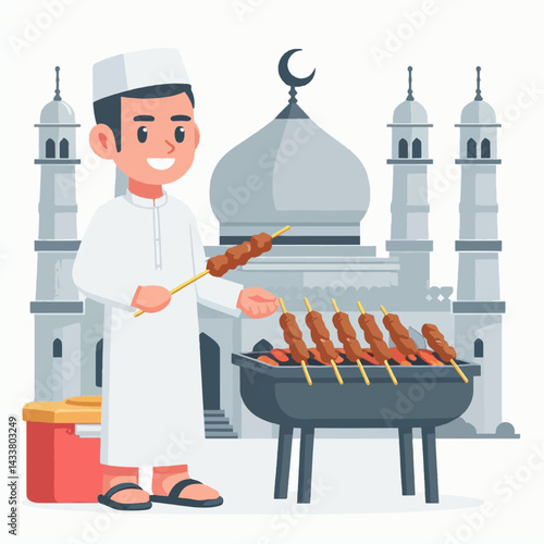 A young man in traditional muslim attire is cooking shish kebabs outside a mosque.