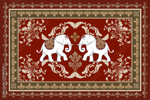 Damask rug Pattern. Tribal Ethnic Elephant pattern,Thai elephant, paisley and hamsa. Ethnic elephant background Hand drawn illustration. Wallpaper, cloth design, carpet design. Rug pattern.