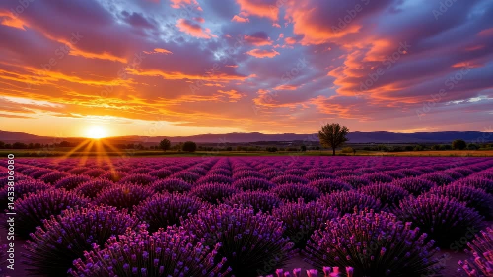 Vibrant Lavender Fields Under Dramatic Sunset Sky in Nature's Beauty Vibrant Lavender Fields Under Dramatic Sunset Sky in Nature's Beauty