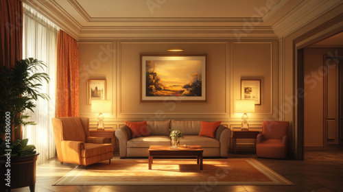 Wallpaper Mural Elegant hotel lounge with warm lighting, classic furniture, framed artwork, and cozy atmosphere, reflecting traditional luxury and refined interior hospitality style Torontodigital.ca