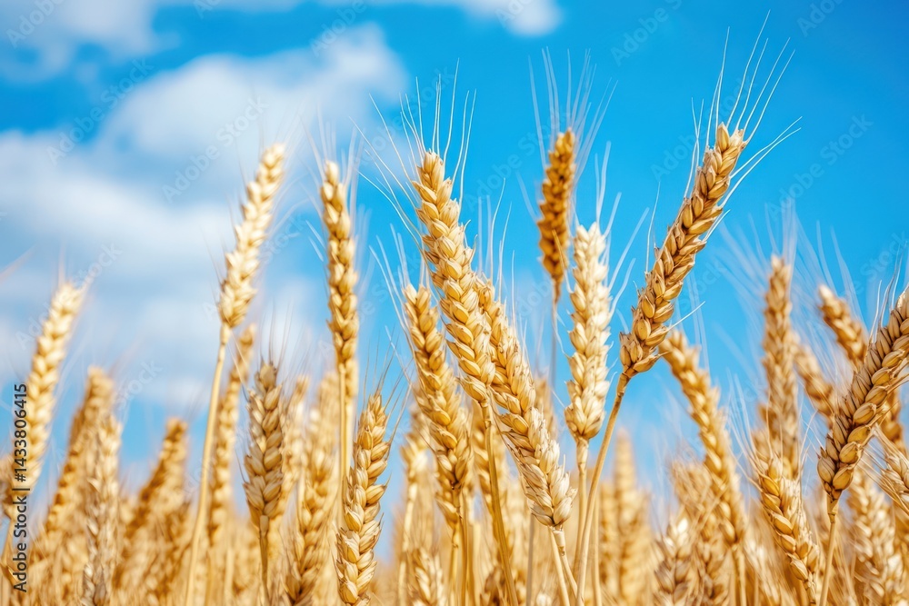 Golden wheat grain ready for harvest under blue sky Golden wheat grain ready for harvest under blue sky