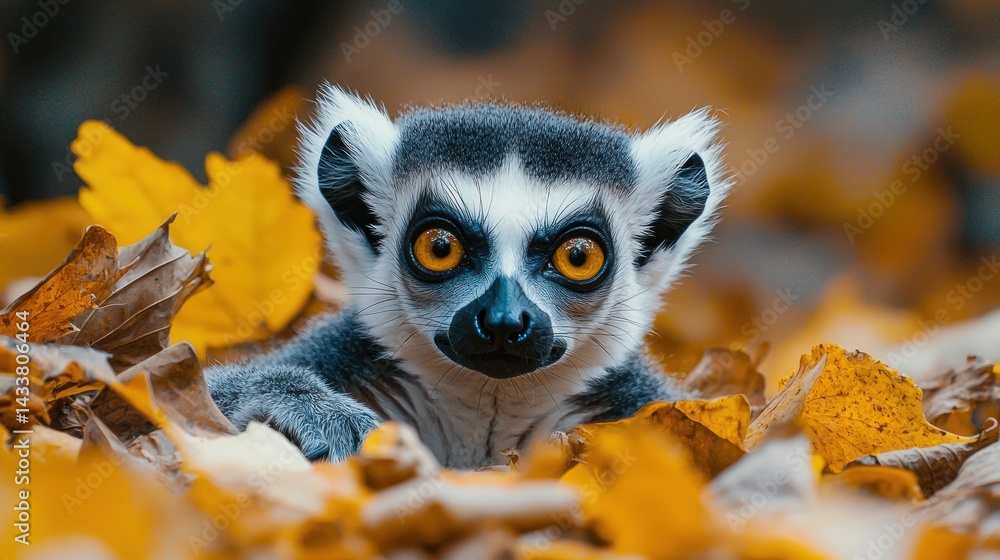Obraz premium Cute lemur in autumn leaves (1)