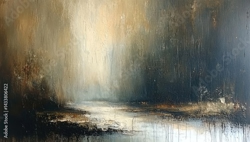 Abstract landscape painting; dark, moody tones, light source in center, suggesting a path or river leading into a mysterious forest