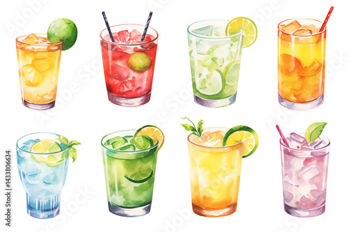 Watercolor illustration of eight colorful cocktails with lime and ice on a transparent background png