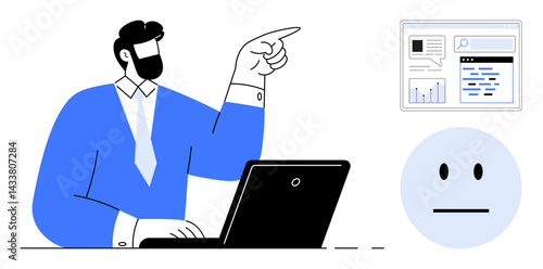Man working on laptop while pointing at analytics dashboard, accompanied by a neutral face icon. Ideal for analysis, decision-making, workplace interaction, productivity, communication, teamwork