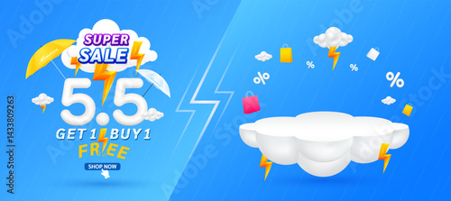 5.5 Monsoon super sale. Get 1 Buy 1 Free. Shopping under umbrella in rain with special offer sale campaign promotion. For ads with blank product podium scene yellow thunder on clouds. 3D Vector.