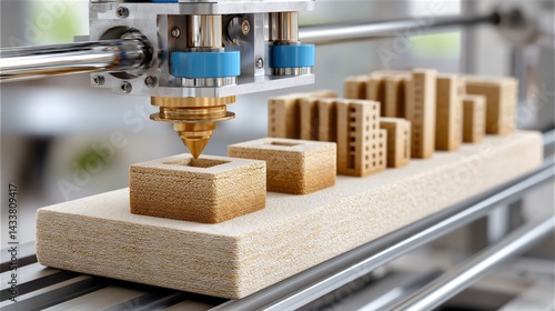 A creative illustration of an integrated digital building plan being printed from a 3 D printer as layered model components build up