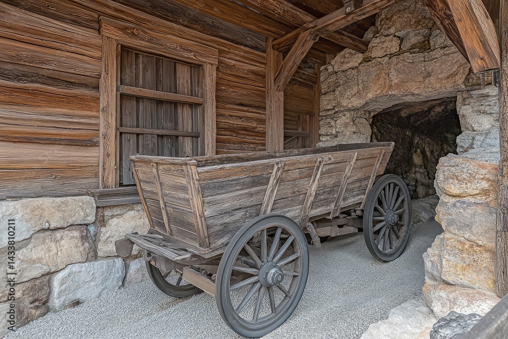 Obraz premium Rustic wooden wagon rests in aged stone building