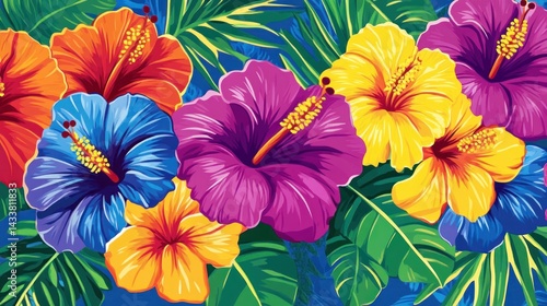 Wallpaper Mural Vibrant tropical hibiscus flowers in a lush floral pattern Torontodigital.ca