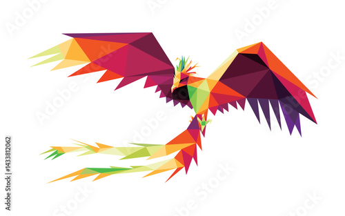 Flying Phoenix in Colorful Polygon. Colorful Low Poly Logo of beautiful Bird. Flying Phoenix colorful logo Low Poly.