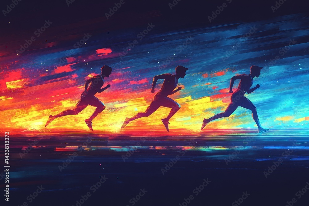 Obraz premium Runners race at night, fiery background, competition