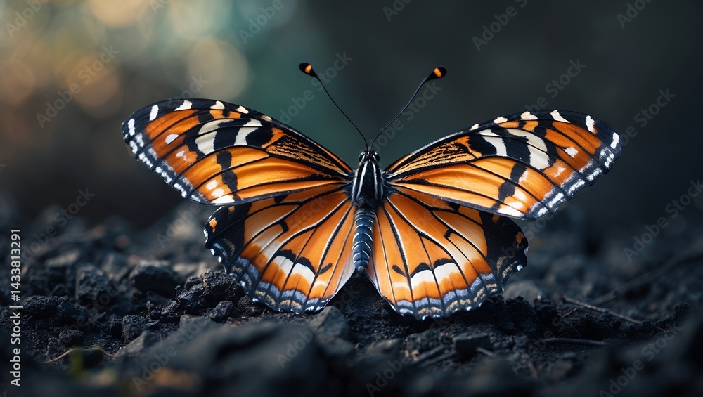 Fototapeta premium A vibrant butterfly resting on dark earth