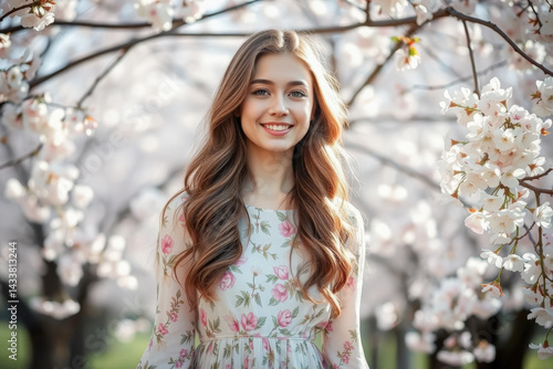 Cheerful Woman in Floral Dress Surrounded by Cherry Blossoms