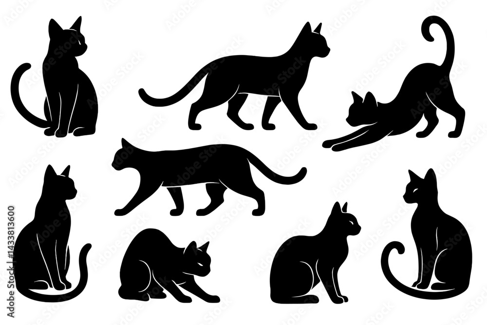 Various black cat icons showcasing different poses and movements in a simple design Various black cat icons showcasing different poses and movements in a simple design