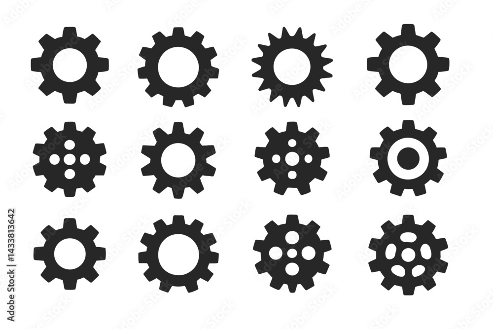 Icon set featuring diverse gear designs suitable for various technology and engineering projects Icon set featuring diverse gear designs suitable for various technology and engineering projects
