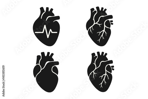 Icon set featuring stylized heart designs representing various aspects of health and vitality