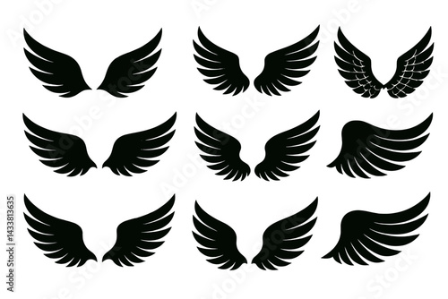 Icon set featuring various styles of wings designed for creative projects and digital applications