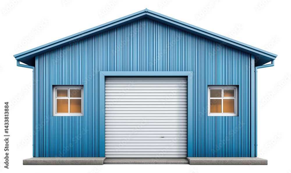 Blue industrial warehouse with roller door and two windows on the front facade.