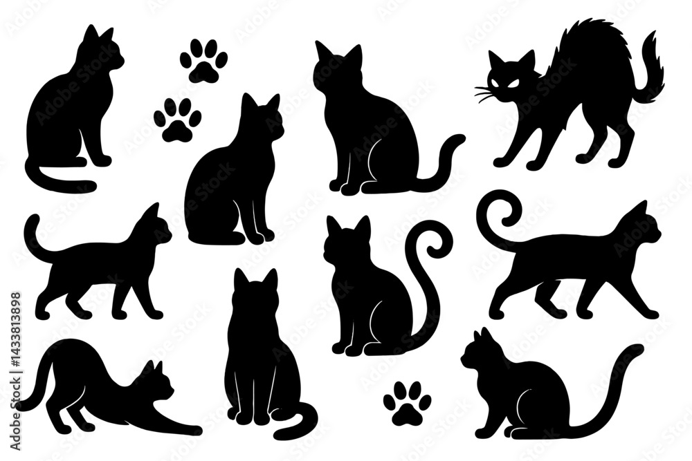 Collection of black cat icons showcasing different poses and silhouettes for creative projects Collection of black cat icons showcasing different poses and silhouettes for creative projects