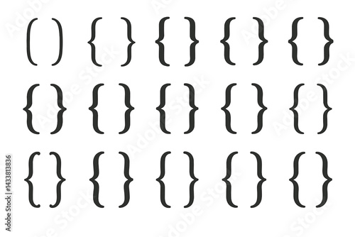 Icon set features various curly bracket designs suitable for coding, graphic design, and typography projects