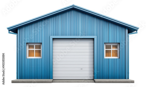 Obraz na płótnie Blue industrial warehouse with roller door and two windows on the front facade. w salonie
