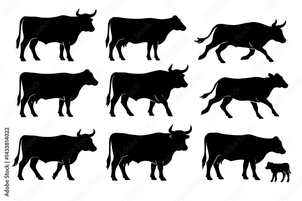 Collection of silhouette icons depicting various cow poses and movements for design use or educational purposes Collection of silhouette icons depicting various cow poses and movements for design use or educational purposes
