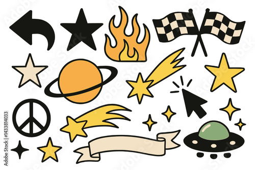 Decorative icons featuring celestial themes, racing symbols, and playful imagery for creative projects and designs