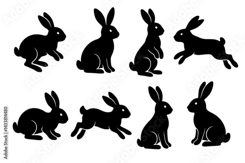 Unique icon set featuring various silhouettes of rabbits in dynamic poses for design projects and illustrations