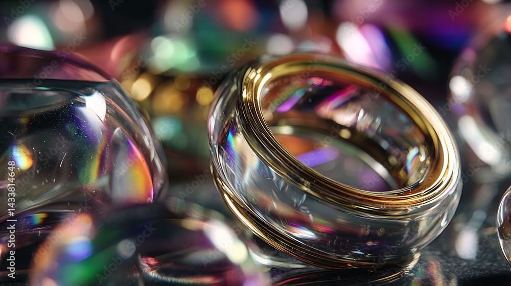 A collection of colorful glass beads and a gold ring. The beads are scattered around the ring, creating a vibrant and eye-catching display. The ring itself is a focal point A collection of colorful glass beads and a gold ring. The beads are scattered around the ring, creating a vibrant and eye-catching display. The ring itself is a focal point