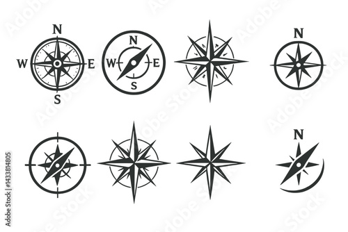 Collection of various compass icons showcasing different styles and designs for navigation