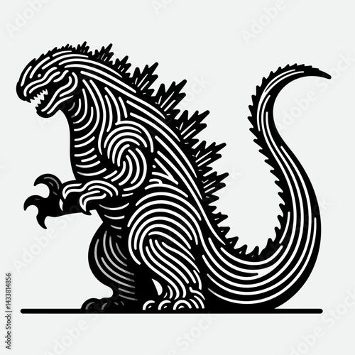 A bold graphic design of the iconic Godzilla, rendered in a unique line-art style.