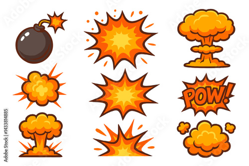 Icon set featuring explosive designs with bombs and various explosion effects in vibrant colors