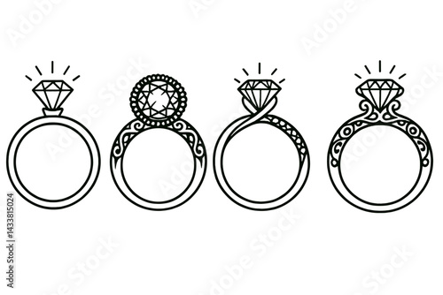 Stylized icon set featuring various ring designs with gemstones, showcasing elegance and creativity in jewelry craftsmanship
