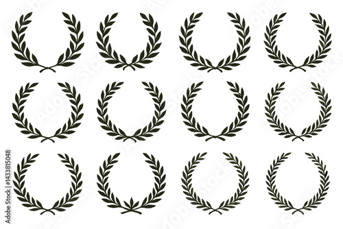 Collection of black olive wreath icons arranged in a grid pattern for creative design use