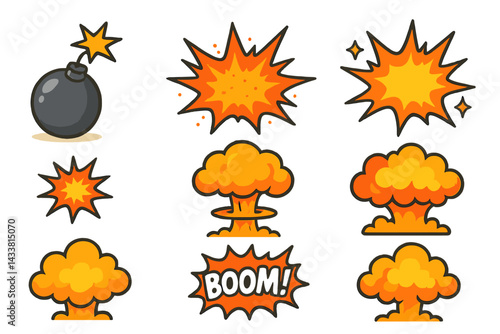 Variety of explosion and bomb icons designed for dynamic graphics and illustrations