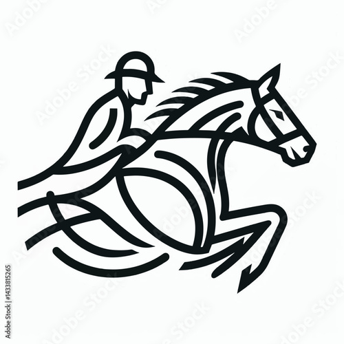A stylized illustration of a jockey on a leaping horse.