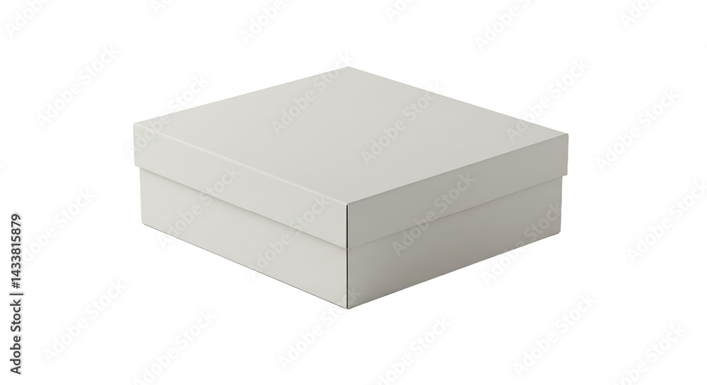 Fototapeta premium A simple white square box with a lid sits on a black surface in a studio setting for product shot
