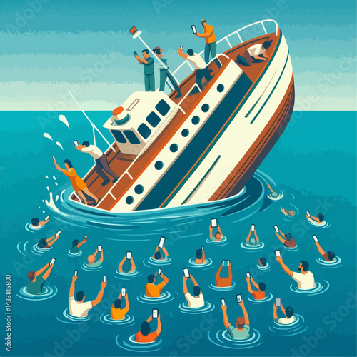 A sinking vessel with onlookers preoccupied with capturing images instead of aiding the distressed.
