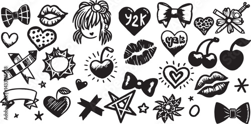 Punk girl doodle grafitti. Bow girly tattoo. Cute crayon heart, cherry, bow. Rock star vintage grunge vector. Punk tattoo icon set. Sketch scribble shape. Chalk ribbon flower kiss. Retro crayon y2k bg