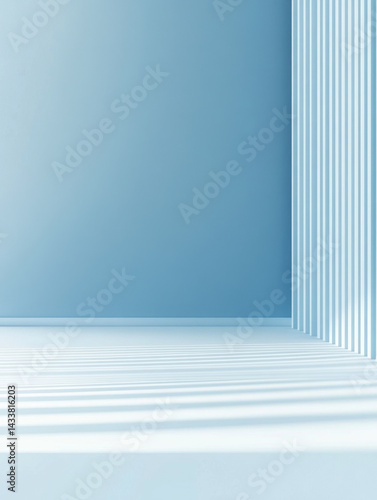 Minimalist interior room with light blue wall and striped vertical blinds creating a calming and modern atmosphere with natural light and shadow effects