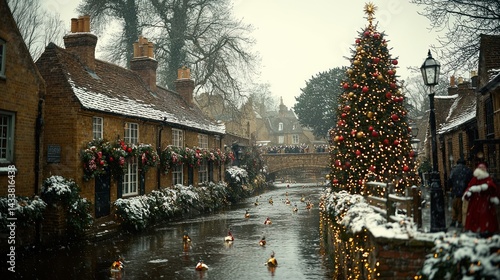 Snowy Christmas in Cambridge: A picturesque winter scene along the River Cam, featuring a grand Christmas tree, charming snow-covered houses, and festive lights creating a magical ambiance.