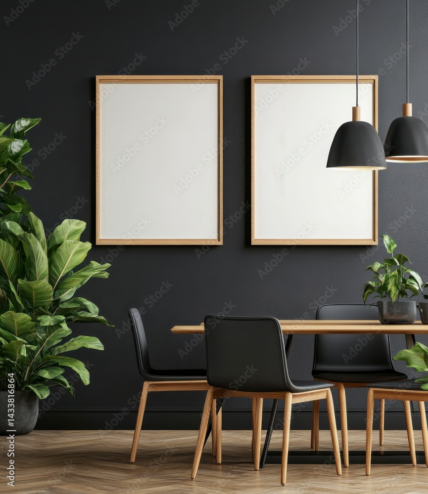 Fototapeta premium Modern Minimalist Dining Room Interior with Dark Walls and Black Chairs