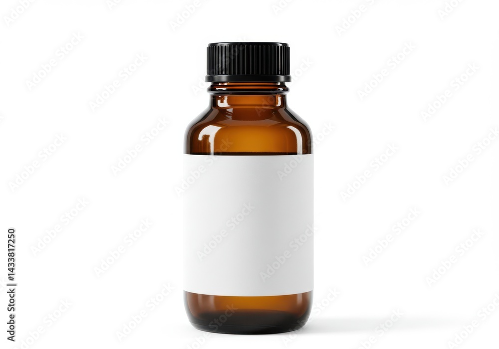 Amber bottle with blank label and black cap Amber bottle with blank label and black cap