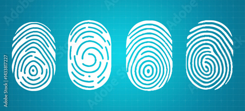 Set of four white fingerprint. Thumbprint scanning, biometric, access, security, protection thin line icon symbol. Vector illustration