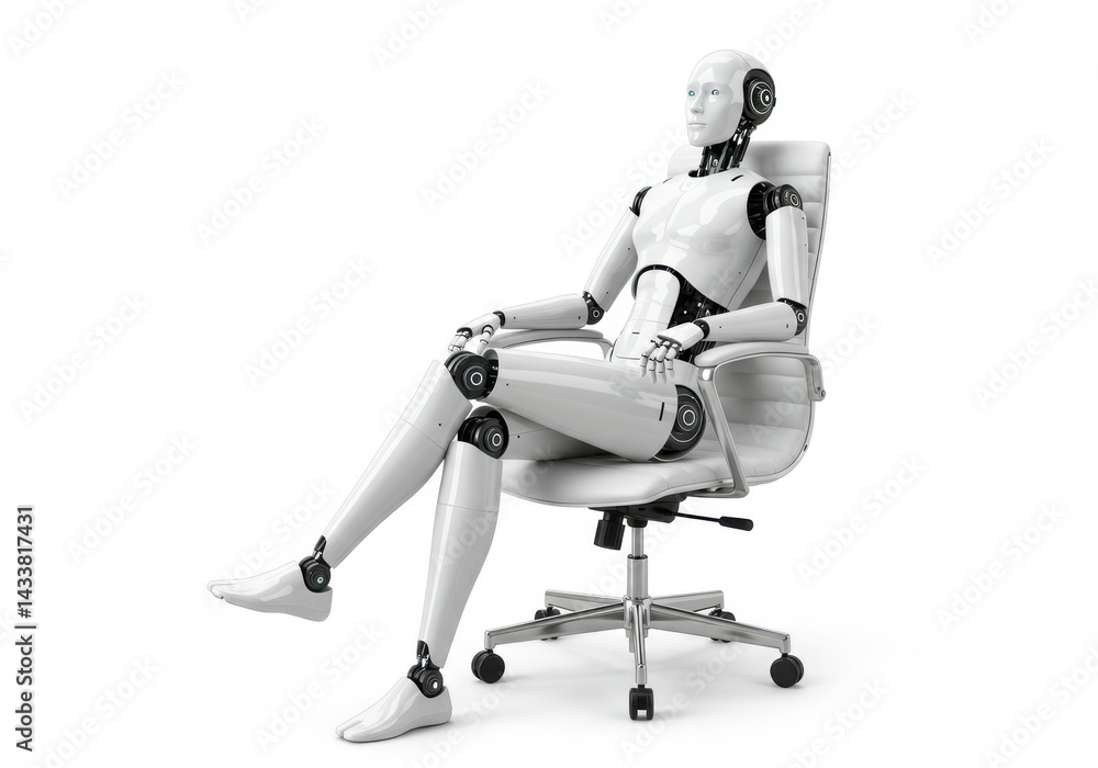 A humanoid robot sitting in a white office chair casually A humanoid robot sitting in a white office chair casually
