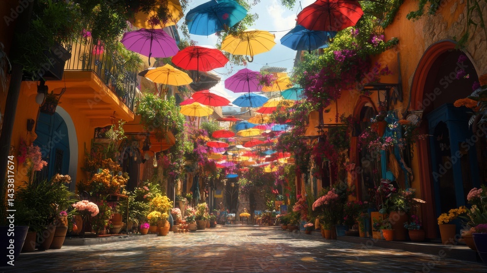 Vibrant Colorful Street Scene with Hanging Umbrellas Vibrant Colorful Street Scene with Hanging Umbrellas