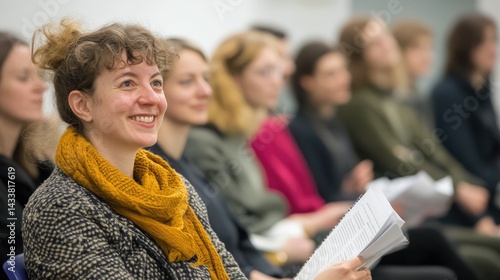 A diverse group of five individuals sits in a well-lit room, attentively listening to a presentation.