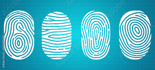 Set of four white fingerprint. Thumbprint scanning, biometric, access, security, protection thin line icon symbol. Vector illustration