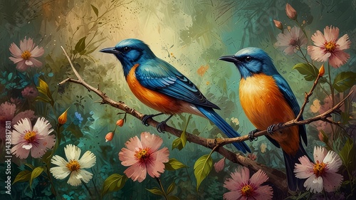 bird on a branch with water color extracts