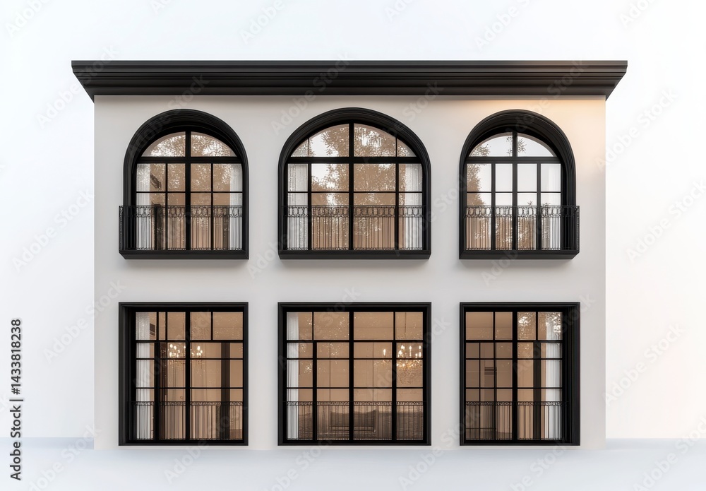 Obraz premium Modern White Building Exterior with Black Arched Windows